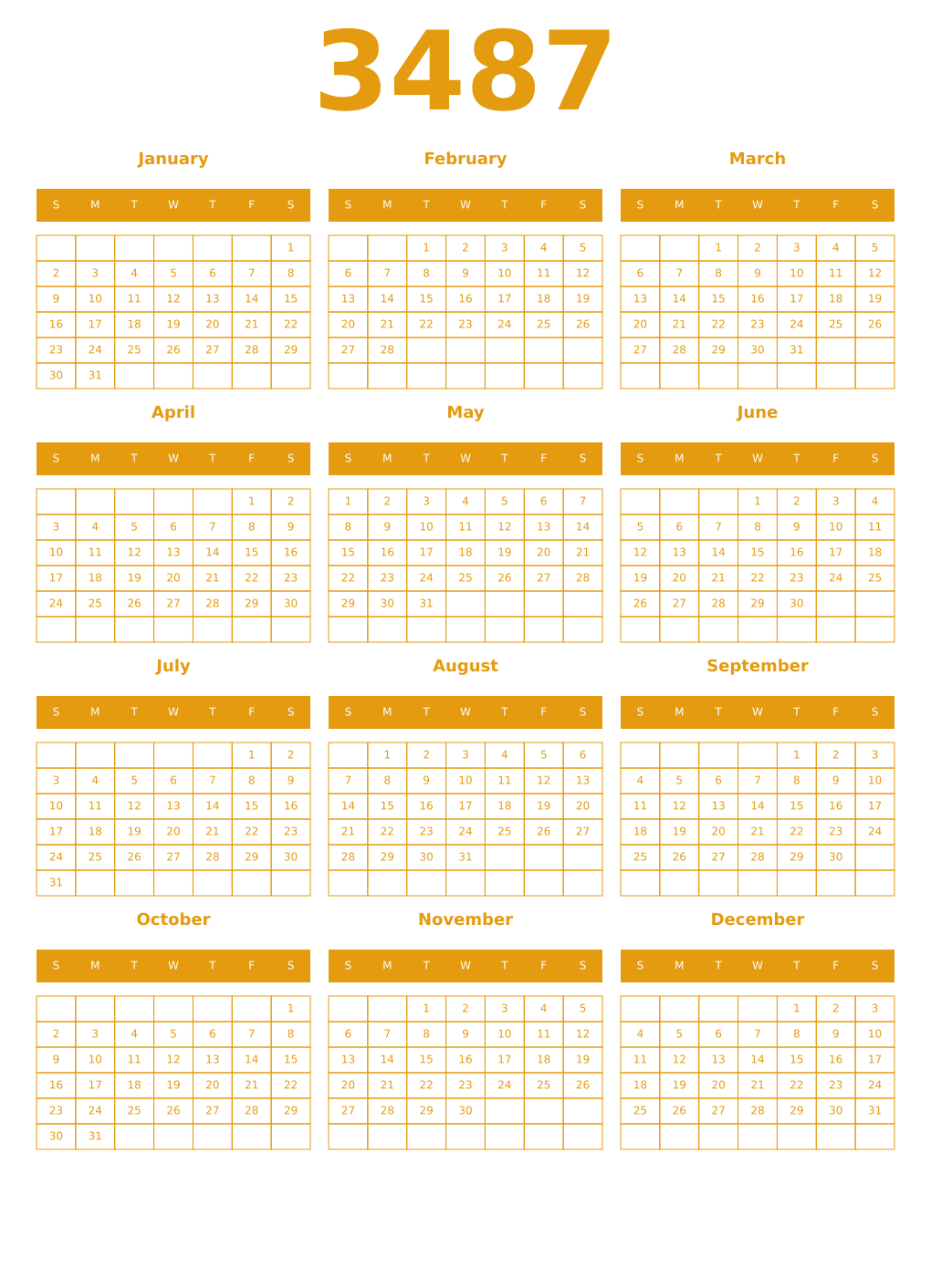 Printable 3487 Year Calendars gamboge