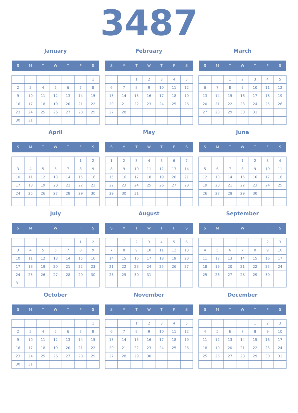 Printable 3487 Year Calendars glaucous