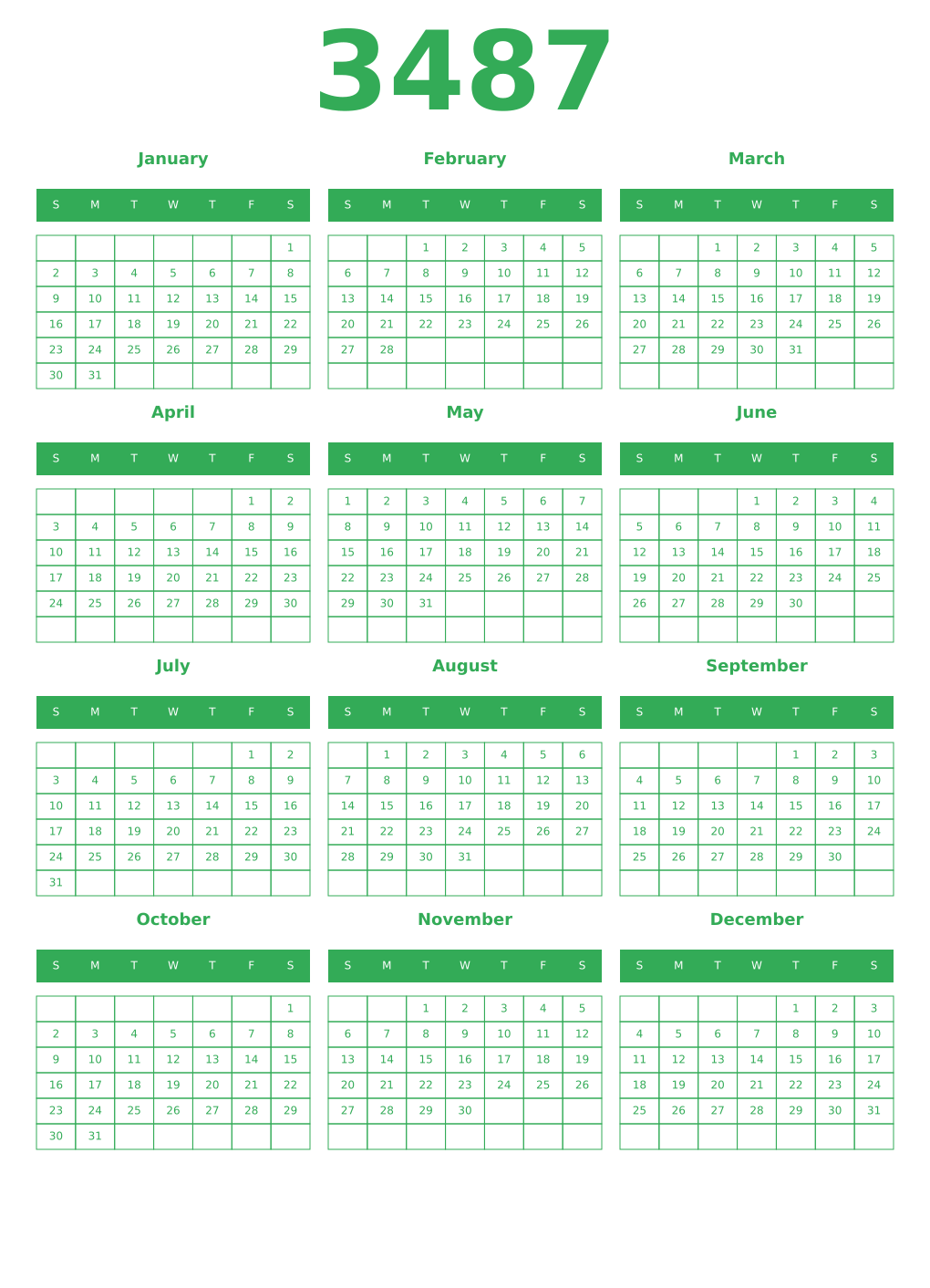 Printable 3487 Year Calendars green