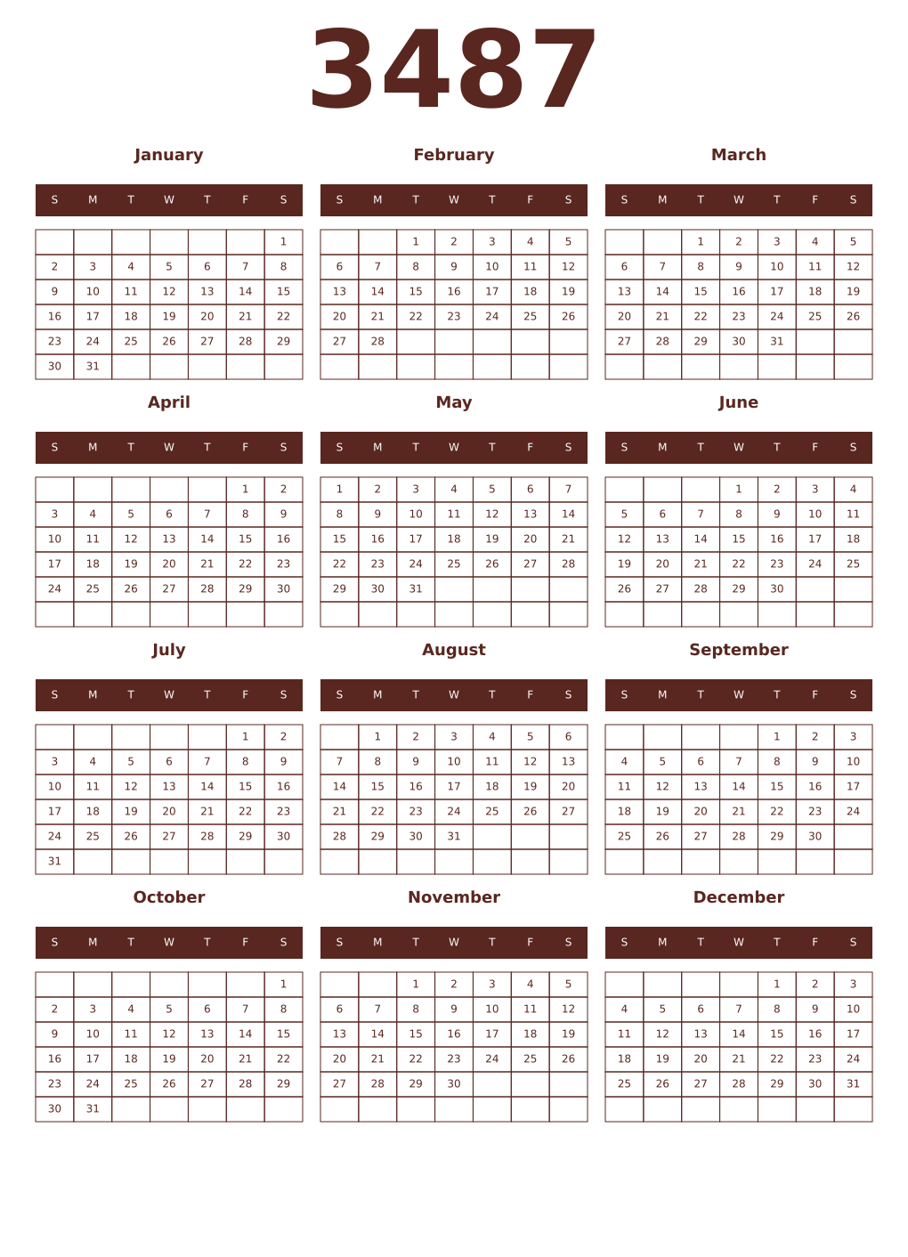 Printable 3487 Year Calendars mortuum