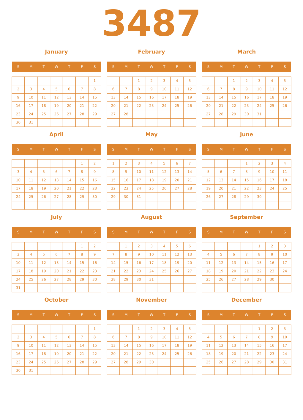 Printable 3487 Year Calendars orange