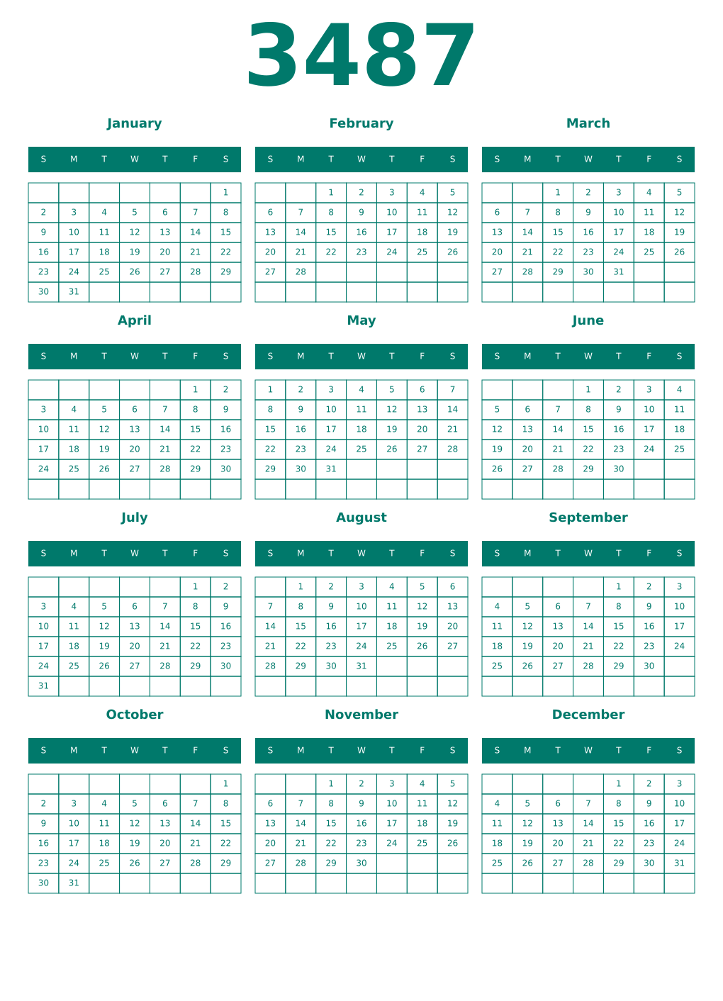Printable 3487 Year Calendars pastel