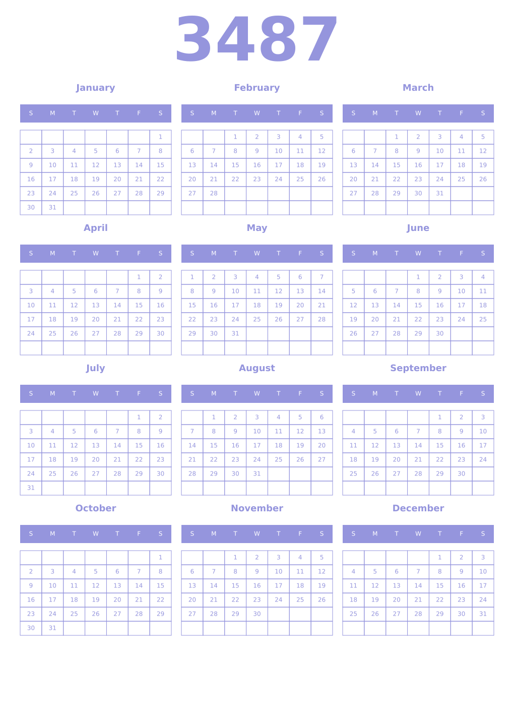 Printable 3487 Year Calendars periwinkle
