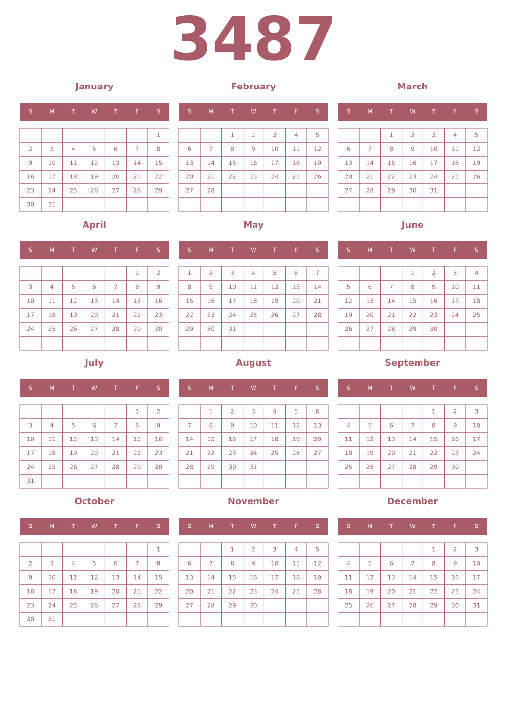 Printable 3487 Year Calendars puce