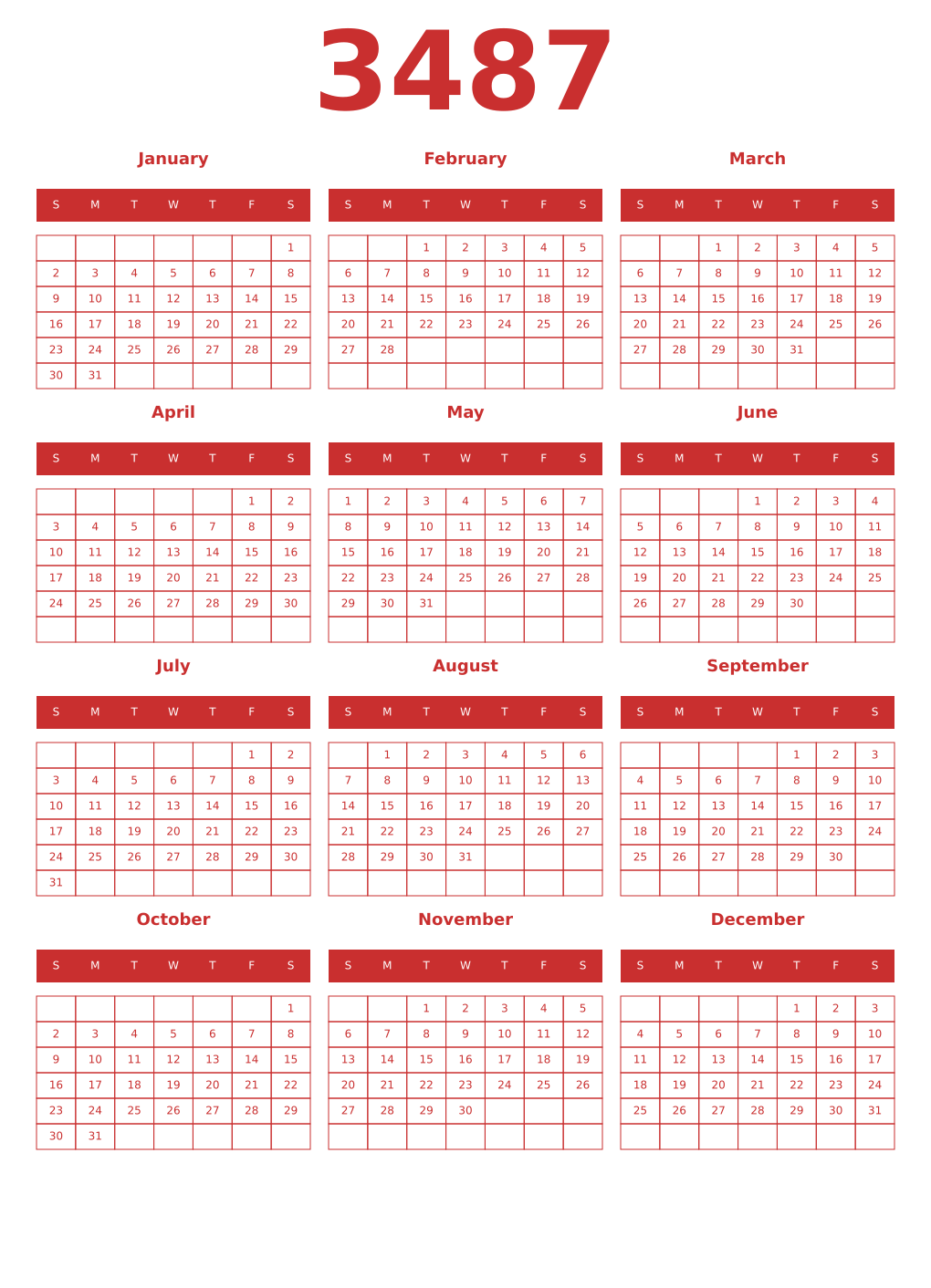 Printable 3487 Year Calendars red