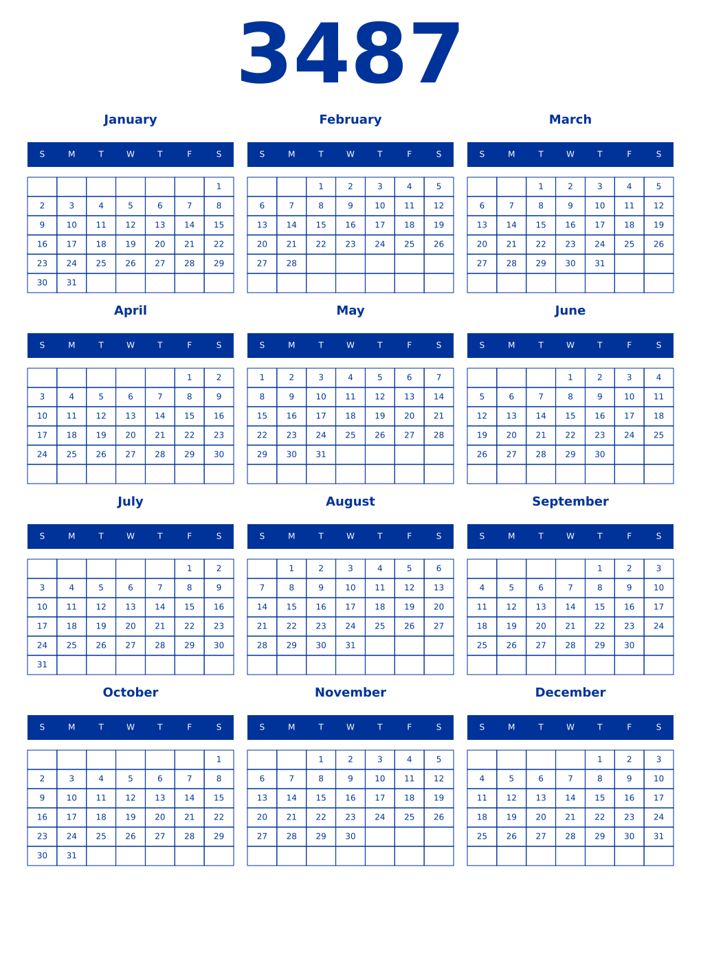 Printable 3487 Year Calendars smalt