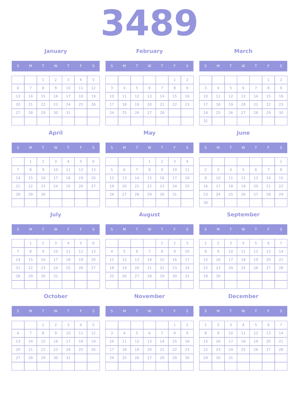 Printable 3489 Year Calendars periwinkle