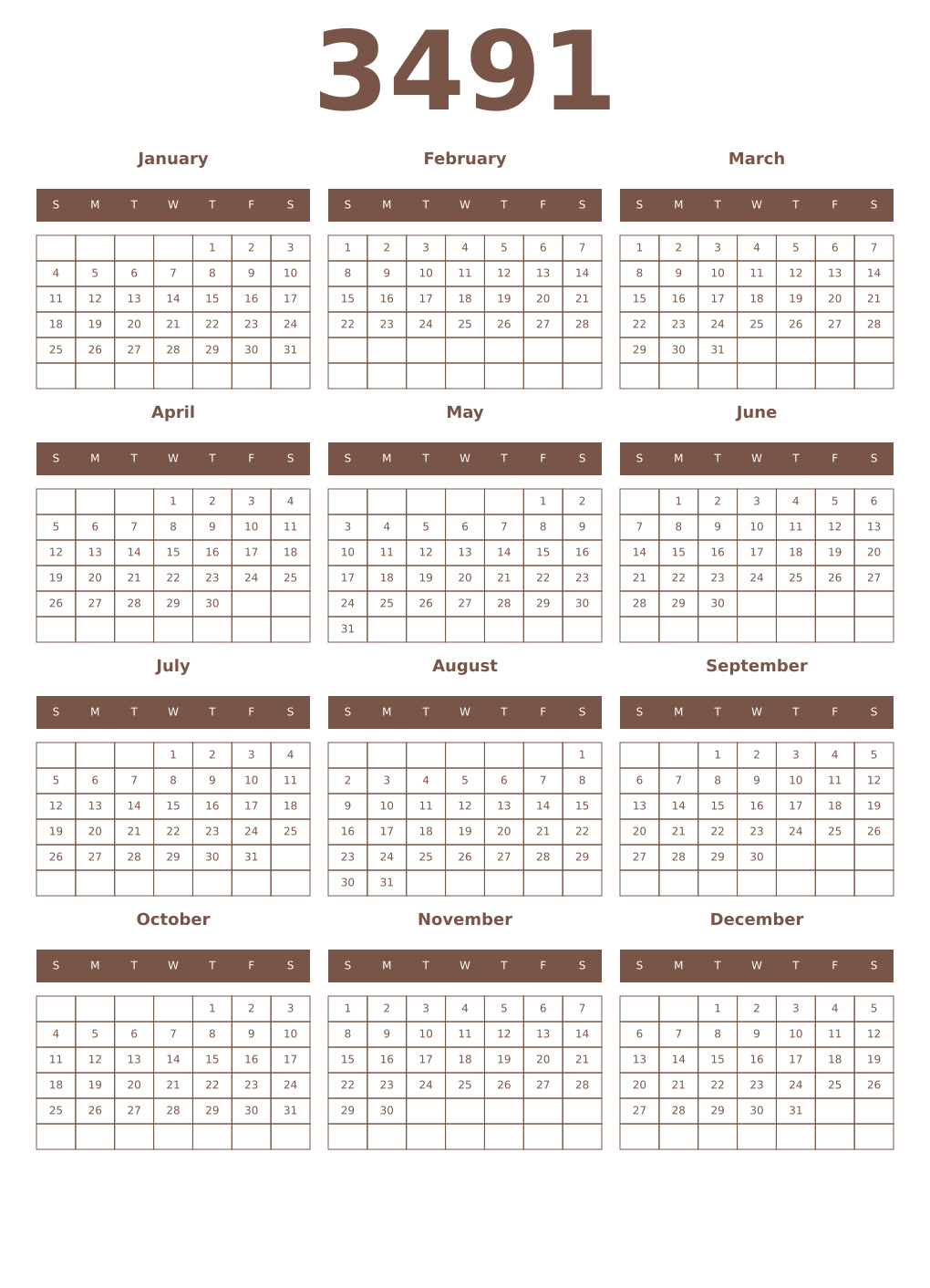 Printable 3491 Year Calendars coffe