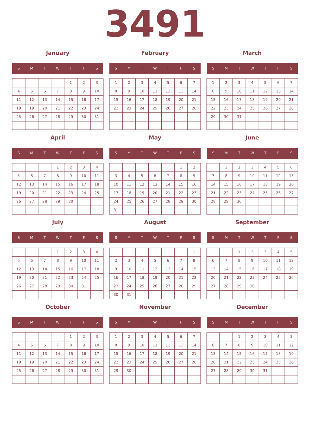 Printable 3491 Year Calendars cordovan