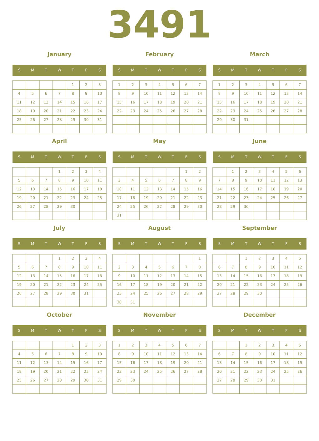 Printable 3491 Year Calendars eburnean