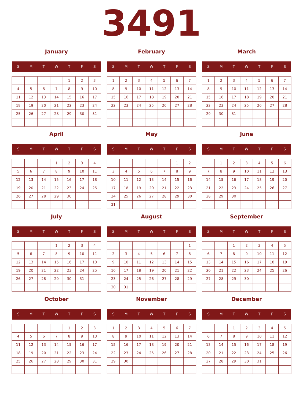 Printable 3491 Year Calendars falu