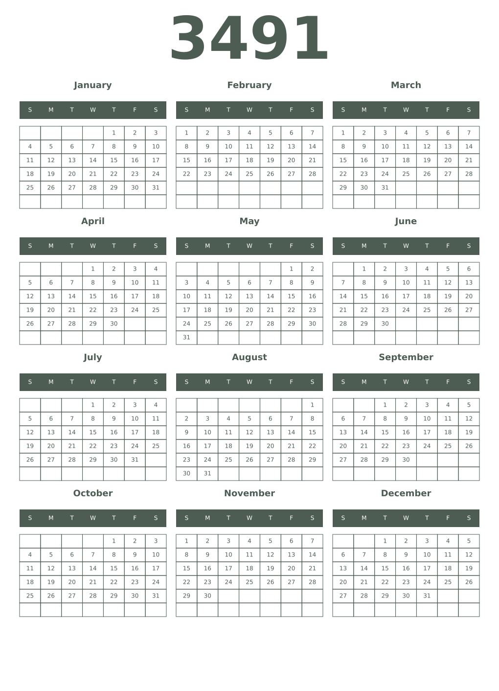 Printable 3491 Year Calendars feldgrau