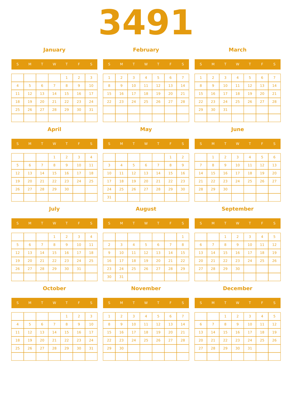 Printable 3491 Year Calendars gamboge
