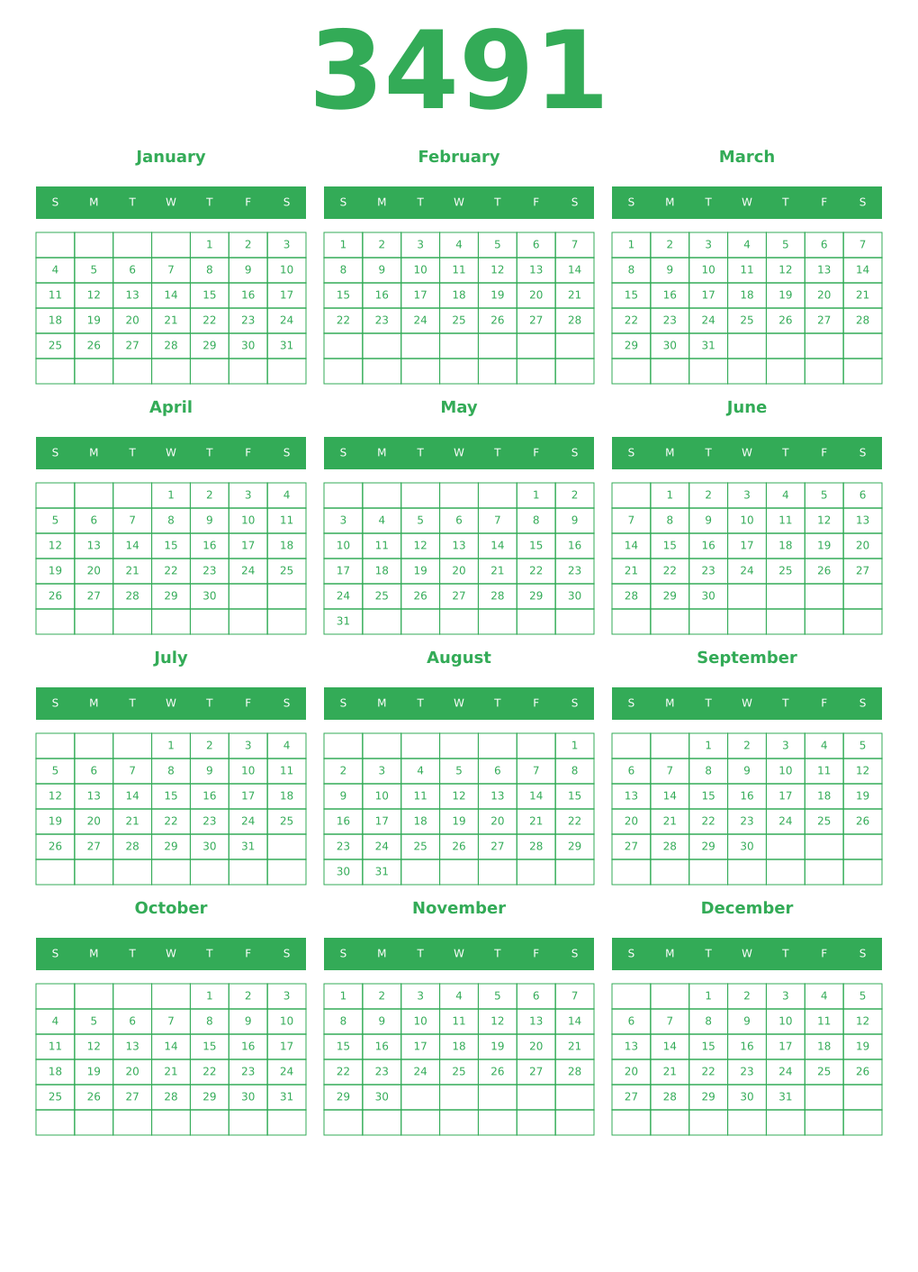 Printable 3491 Year Calendars green
