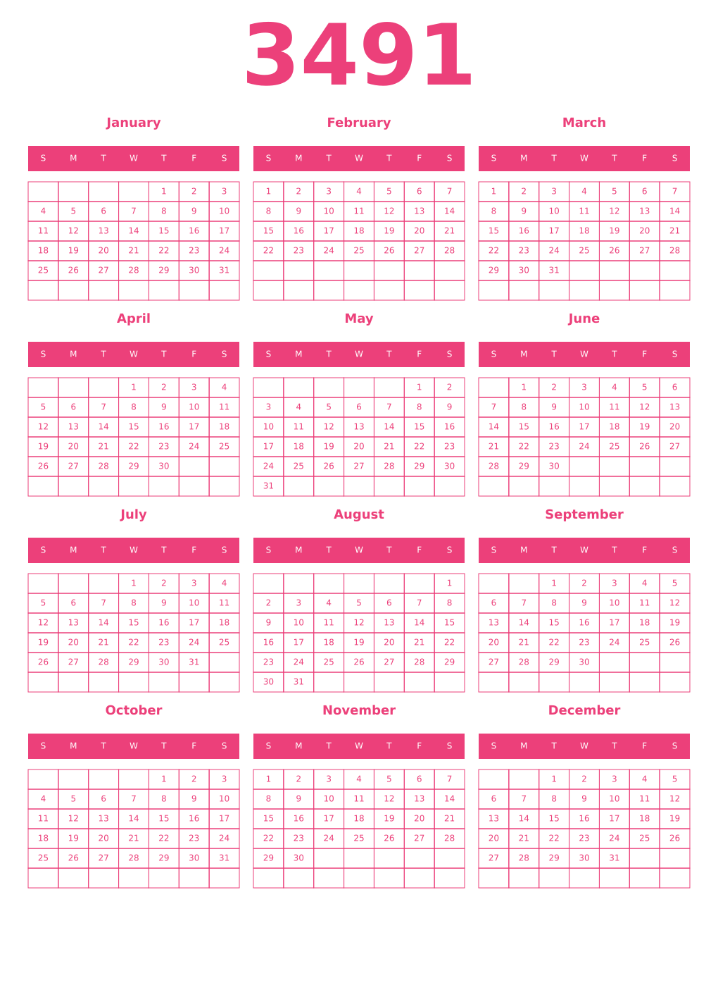 Printable 3491 Year Calendars pink