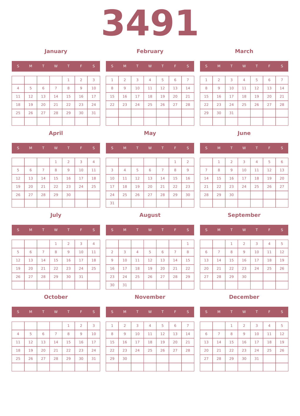 Printable 3491 Year Calendars puce