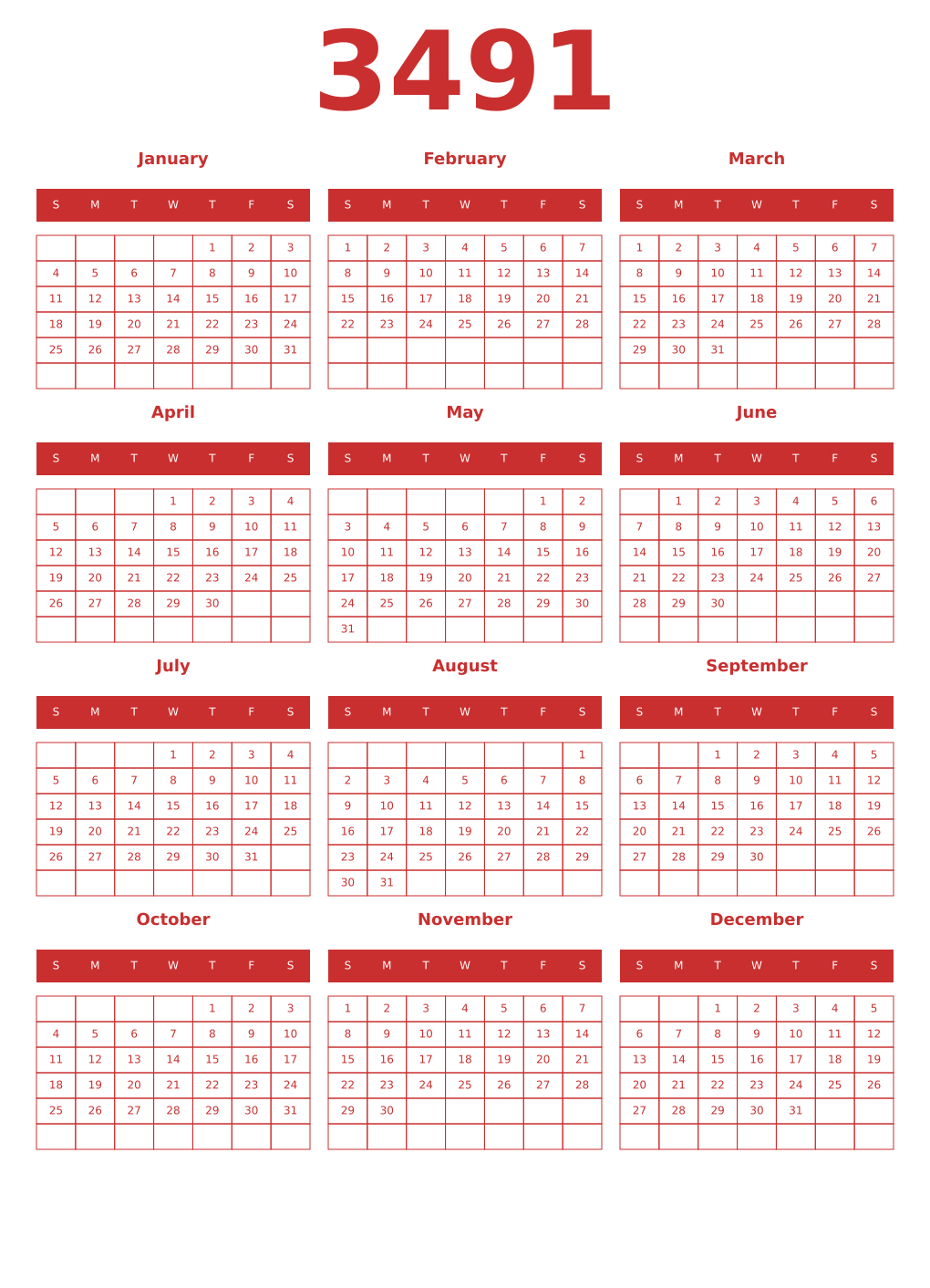 Printable 3491 Year Calendars red