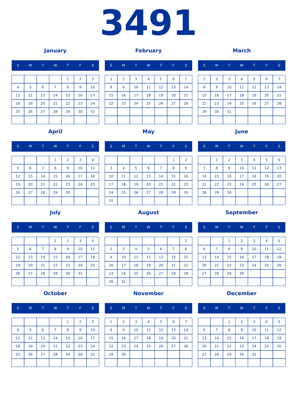 Printable 3491 Year Calendars smalt