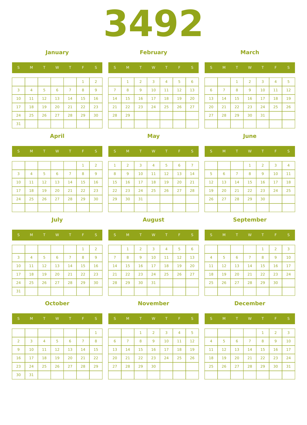 Printable 3492 Year Calendars chartreuse