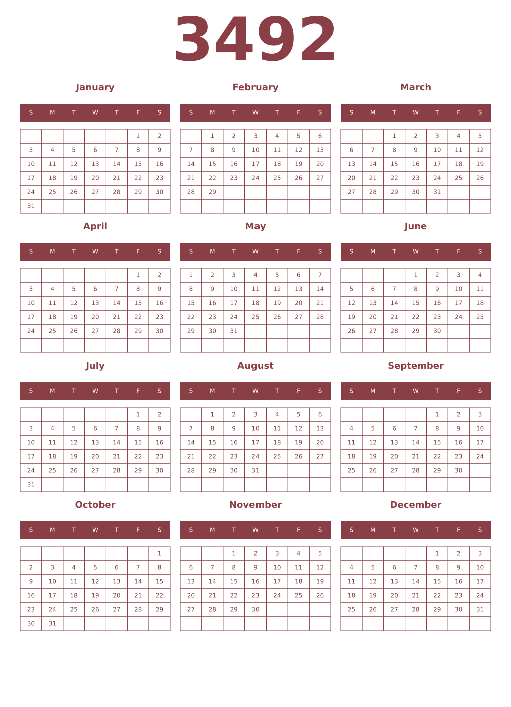 Printable 3492 Year Calendars cordovan