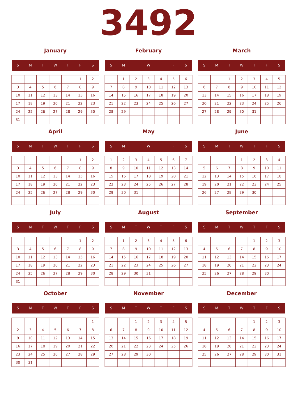 Printable 3492 Year Calendars falu
