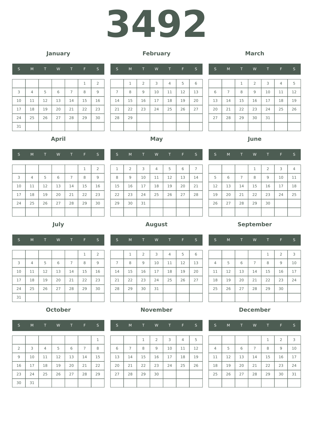 Printable 3492 Year Calendars feldgrau