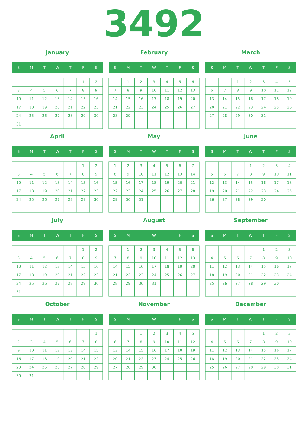 Printable 3492 Year Calendars green