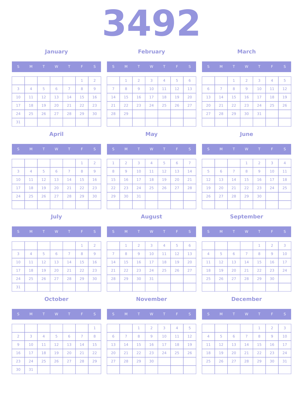 Printable 3492 Year Calendars periwinkle