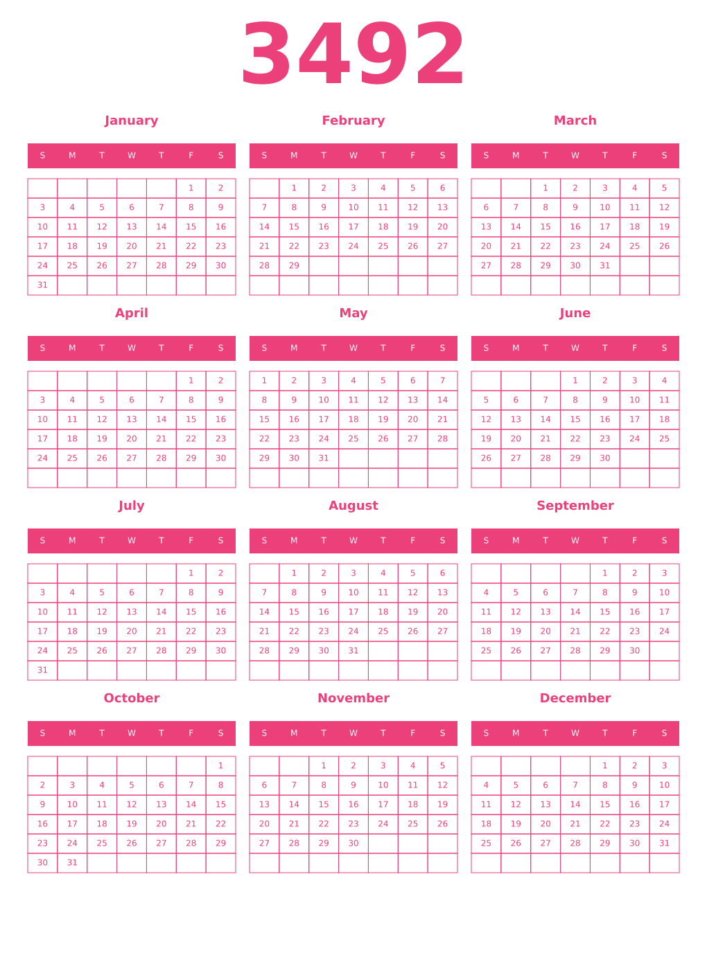 Printable 3492 Year Calendars pink