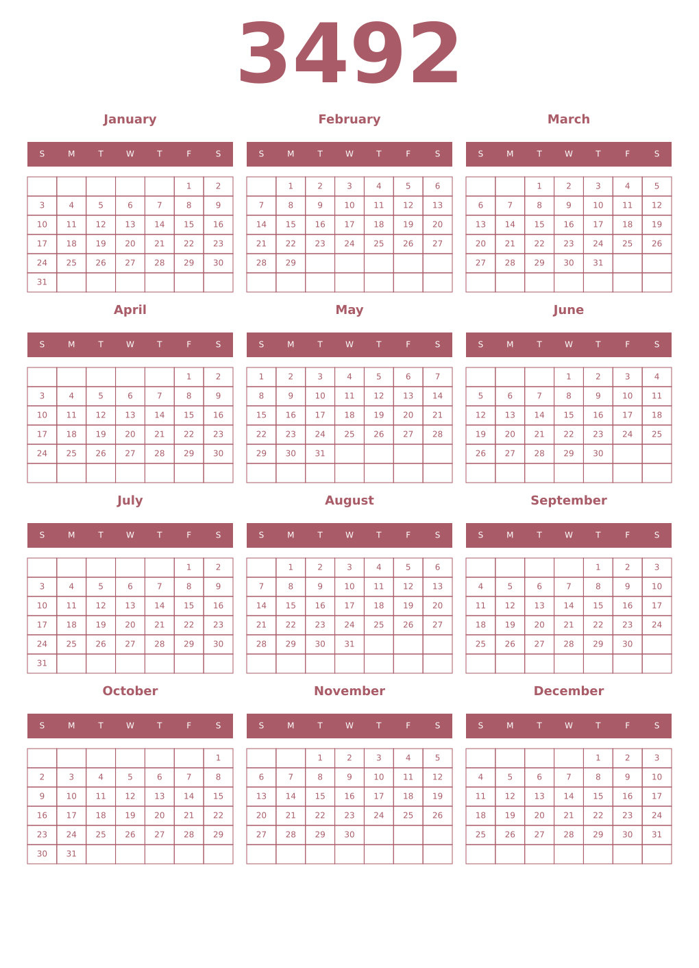 Printable 3492 Year Calendars puce