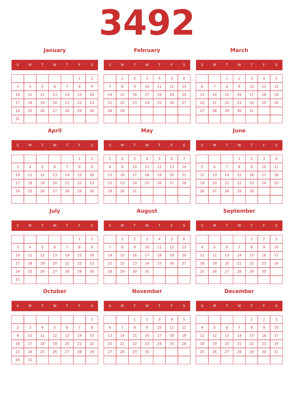 Printable 3492 Year Calendars red