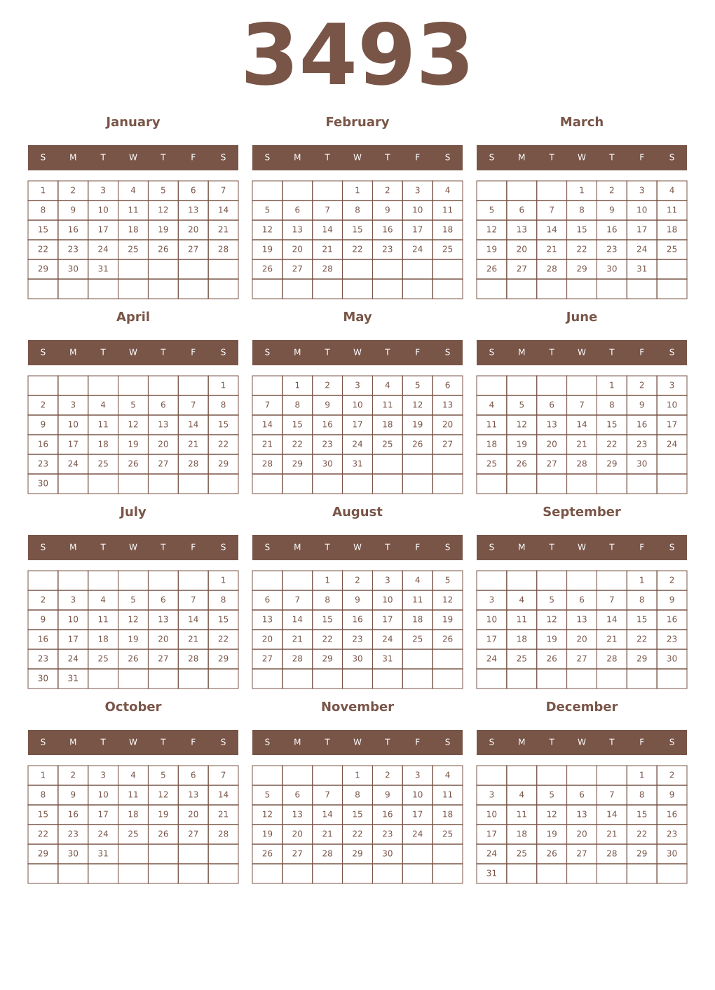 Printable 3493 Year Calendars coffe