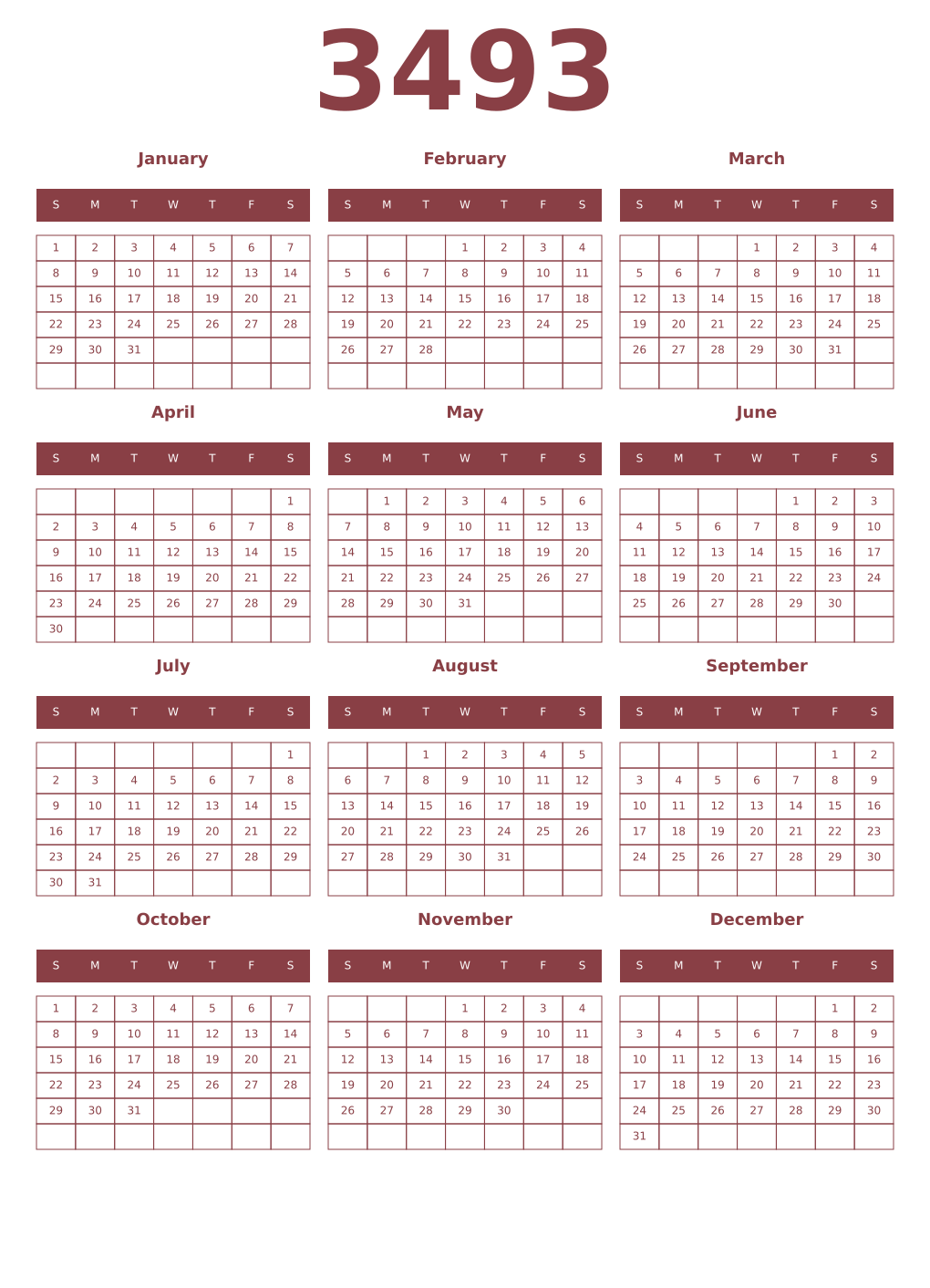 Printable 3493 Year Calendars cordovan