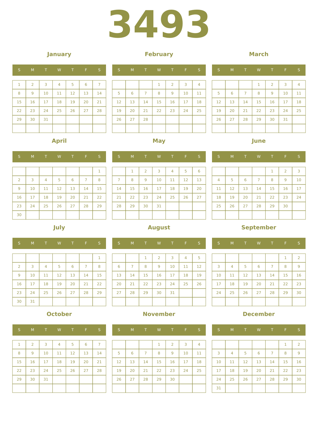 Printable 3493 Year Calendars eburnean