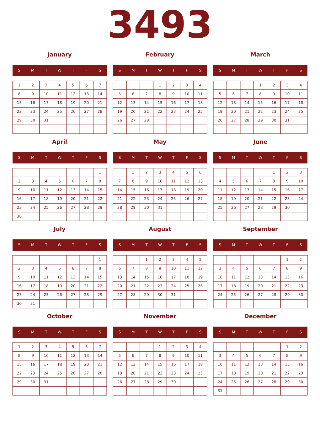 Printable 3493 Year Calendars falu