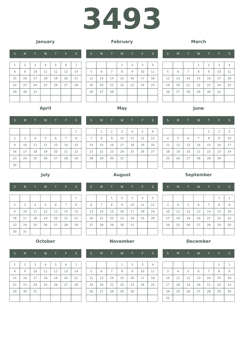 Printable 3493 Year Calendars feldgrau