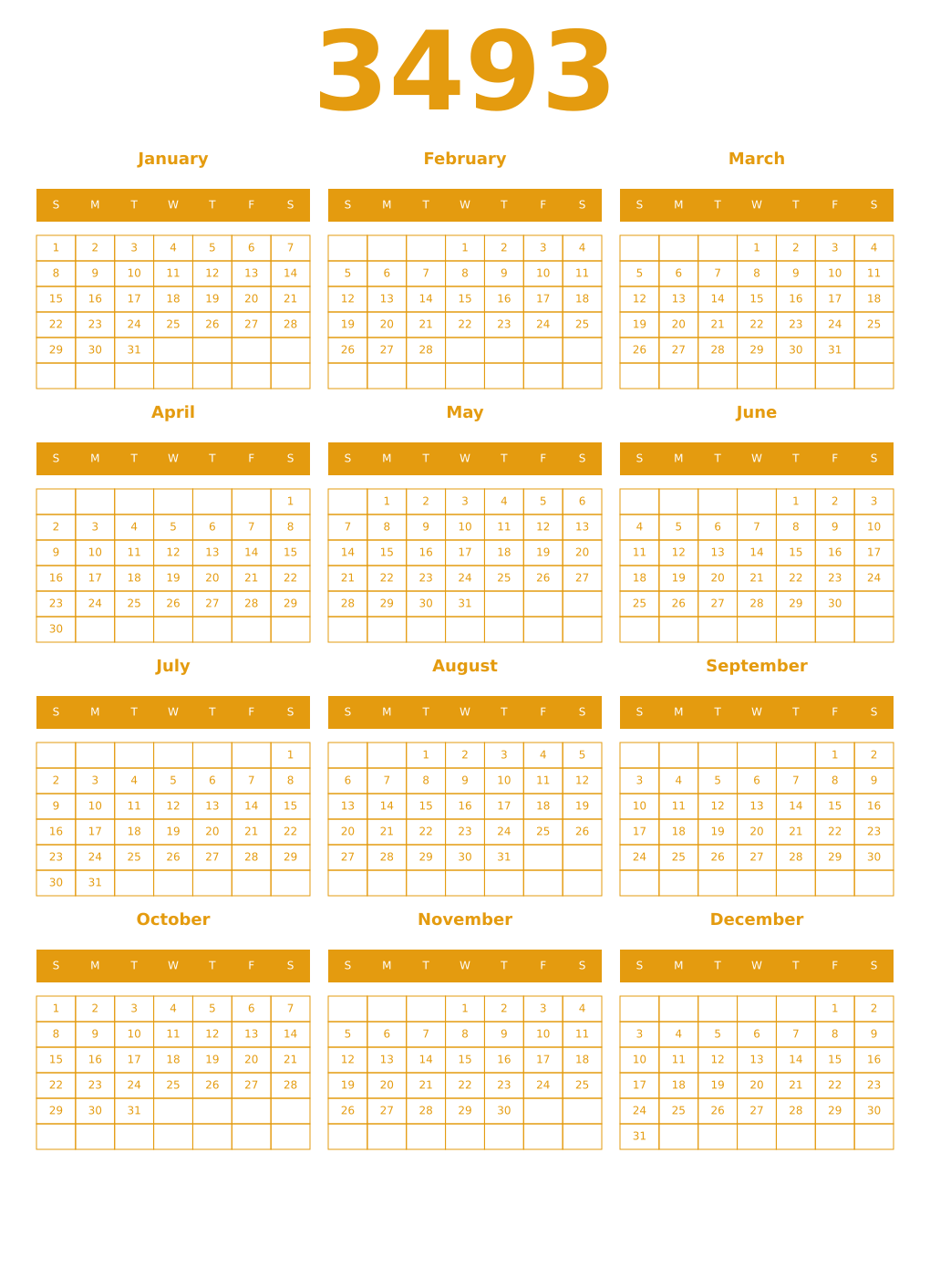 Printable 3493 Year Calendars gamboge