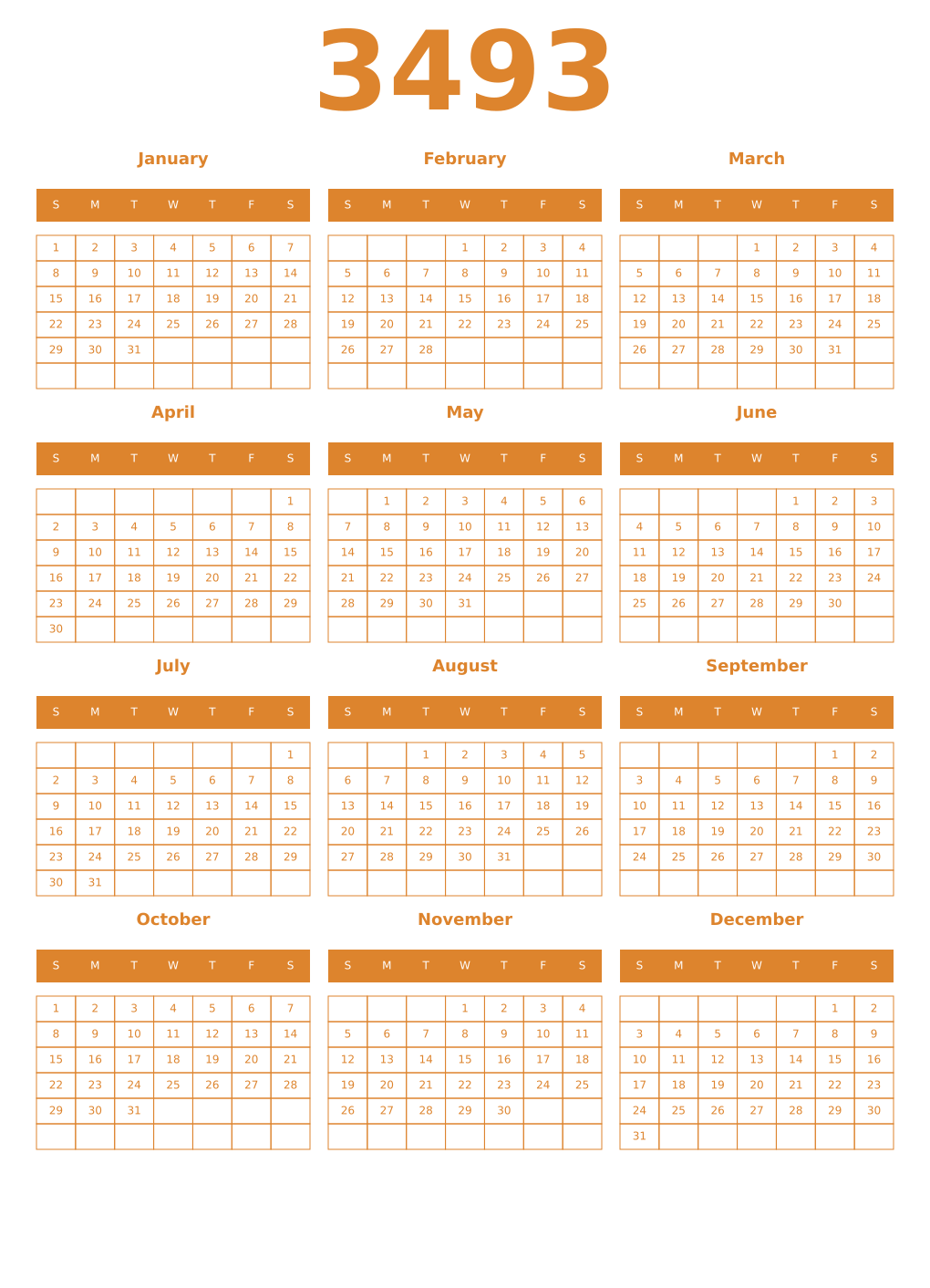 Printable 3493 Year Calendars orange