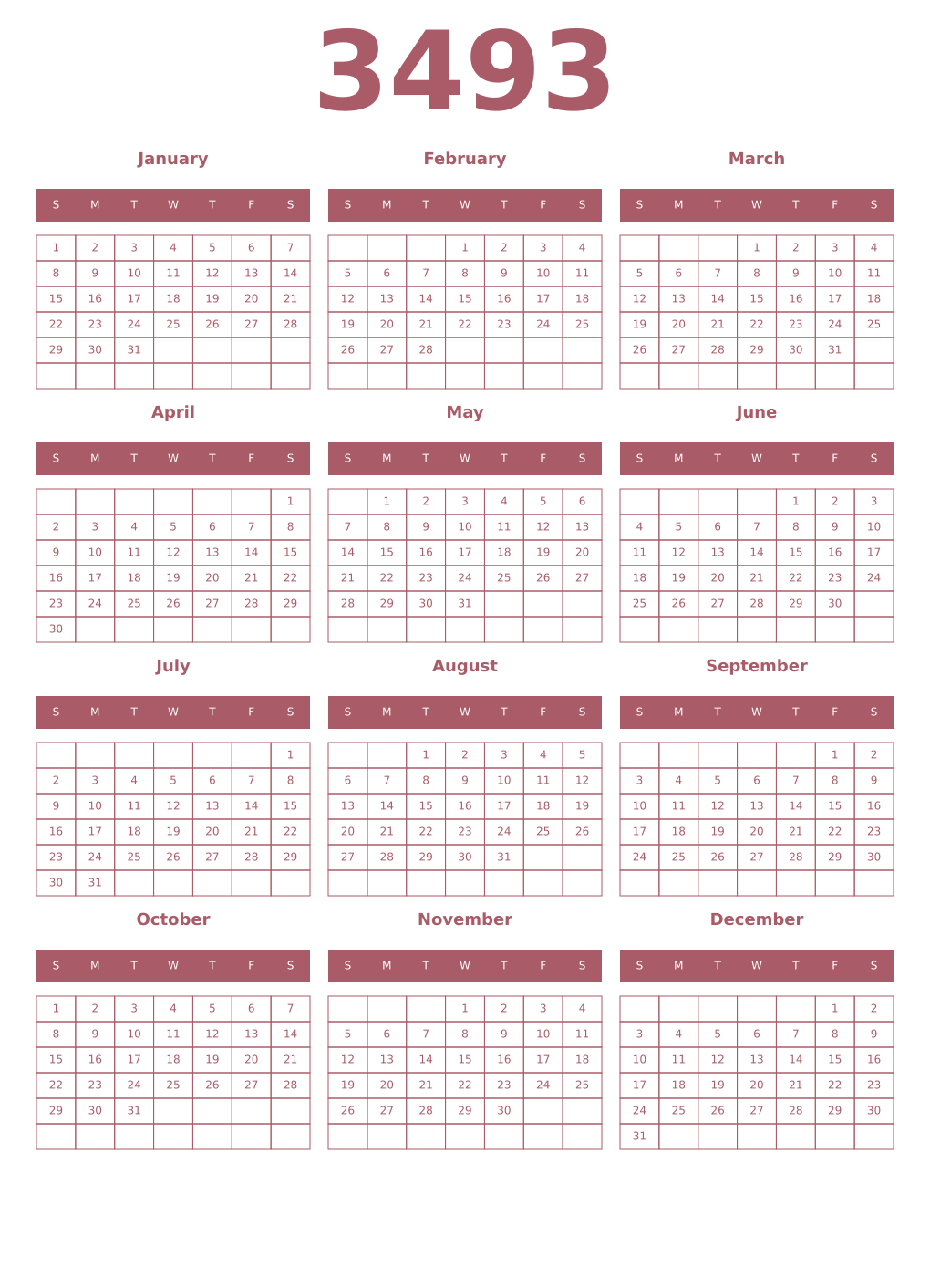 Printable 3493 Year Calendars puce