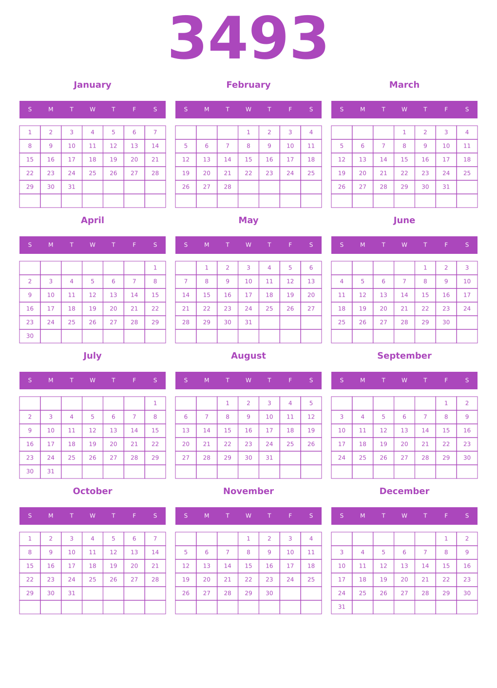 Printable 3493 Year Calendars purple