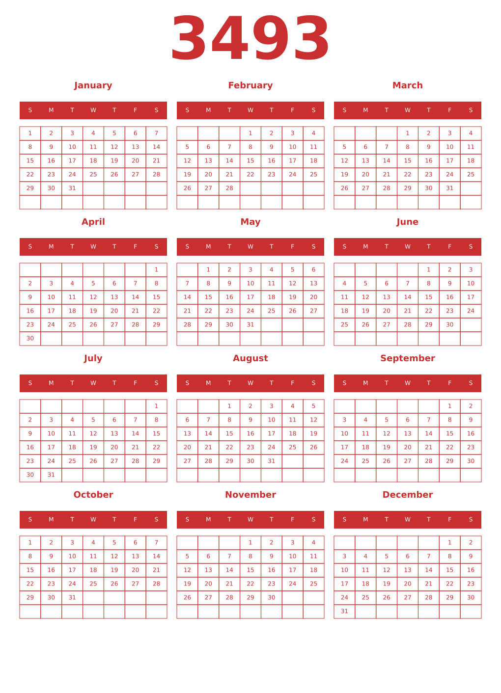 Printable 3493 Year Calendars red