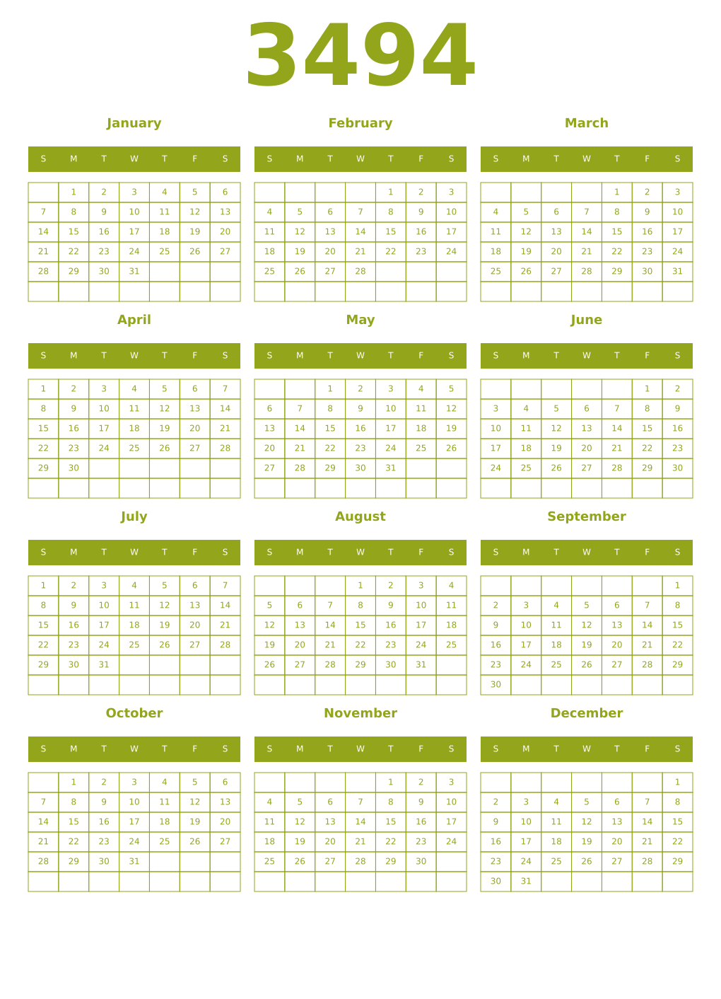Printable 3494 Year Calendars chartreuse