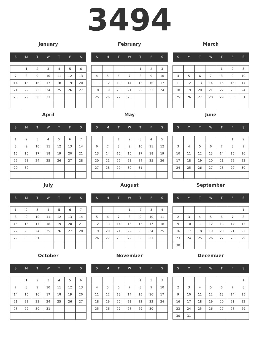 Printable 3494 Year Calendars dark