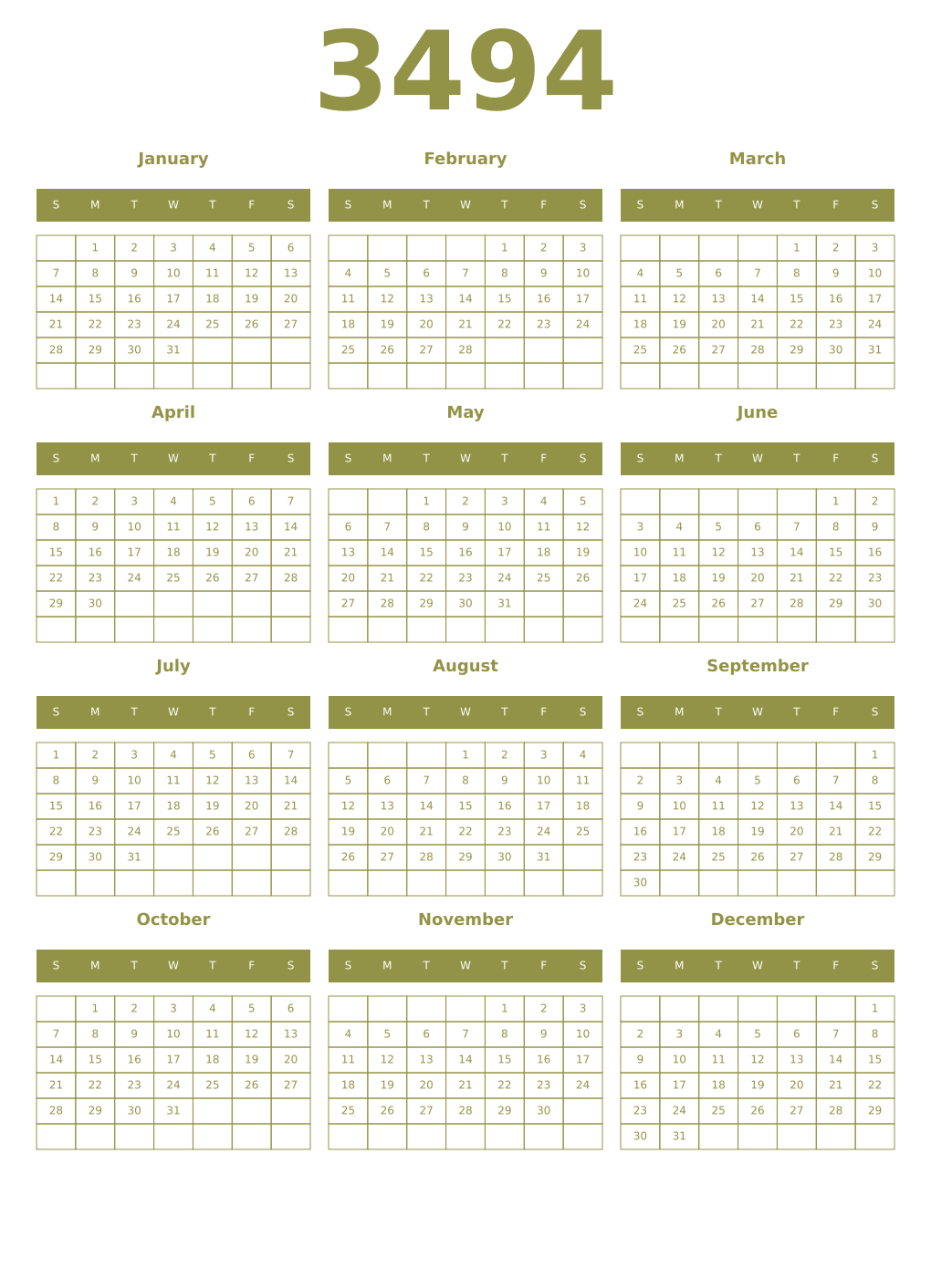 Printable 3494 Year Calendars eburnean