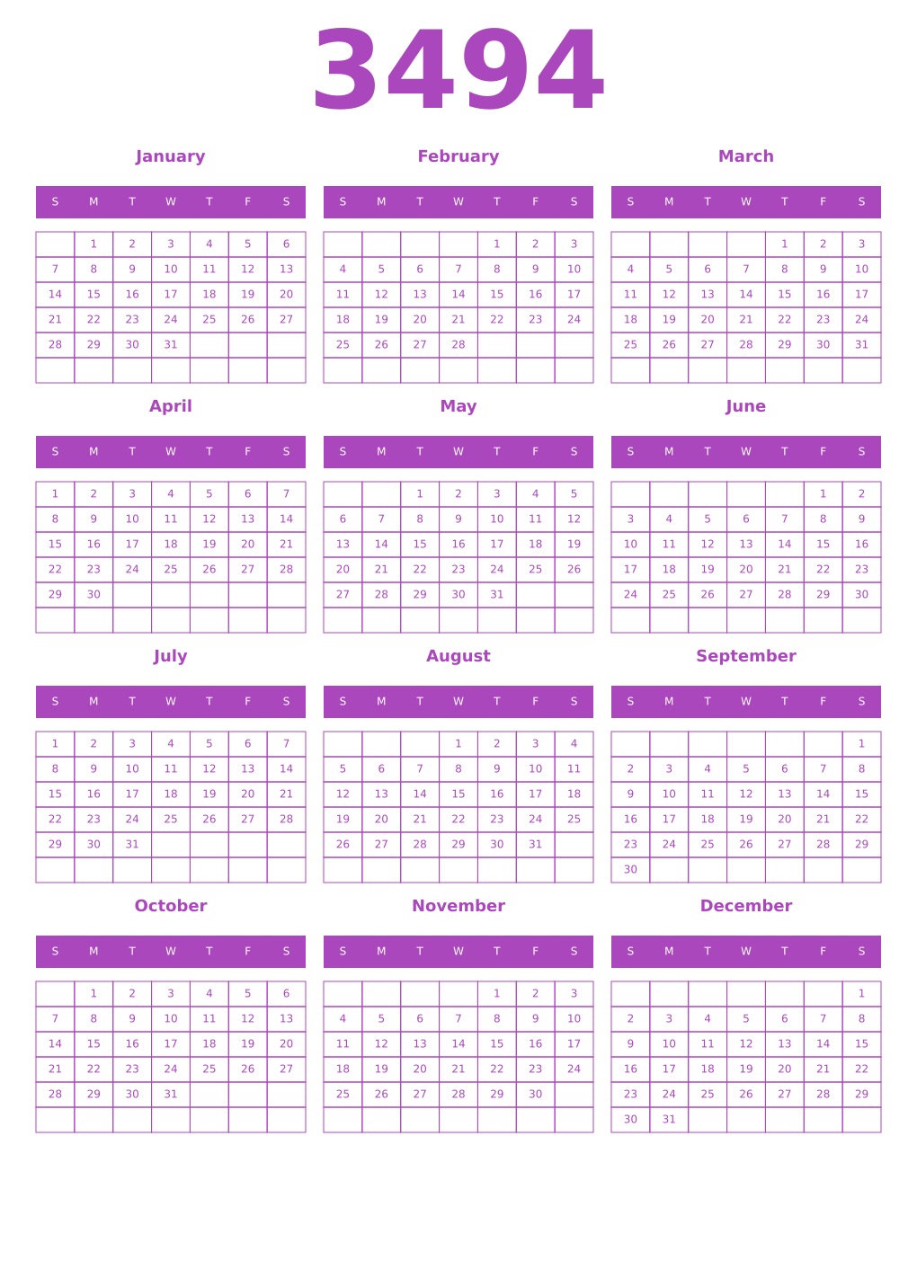Printable 3494 Year Calendars purple