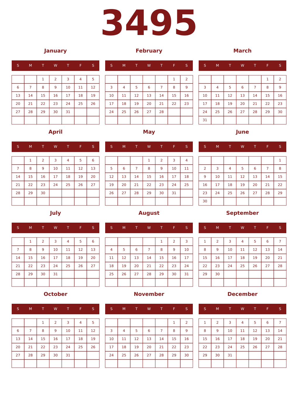 Printable 3495 Year Calendars falu