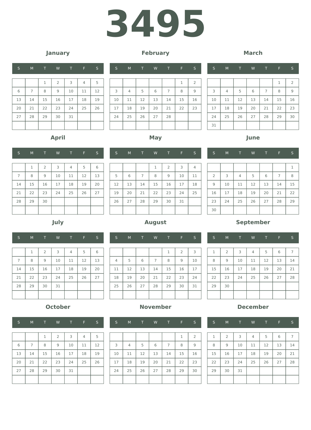 Printable 3495 Year Calendars feldgrau