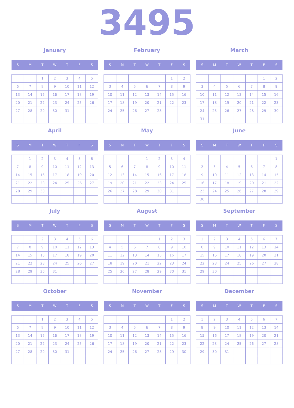 Printable 3495 Year Calendars periwinkle