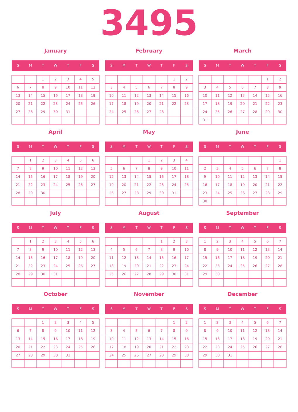 Printable 3495 Year Calendars pink