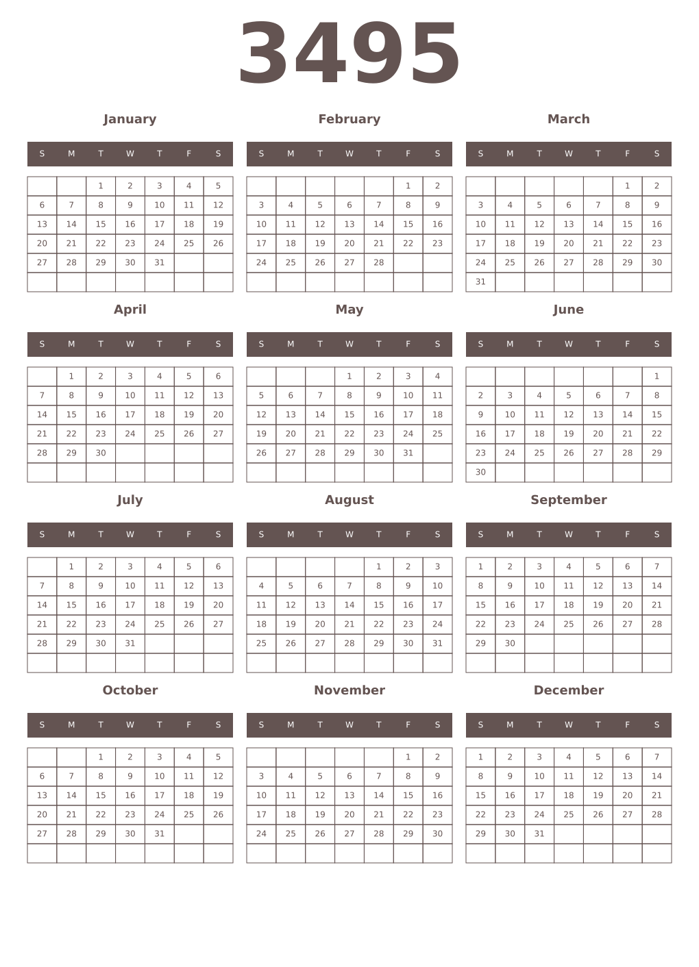 Printable 3495 Year Calendars wenge